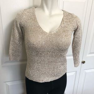Zara knit tan sequin v-neck sweater 3/4 sleeve S